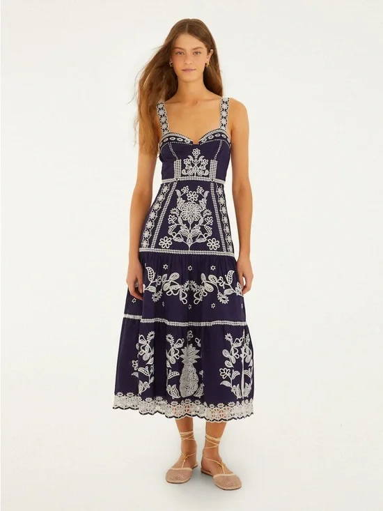 Farm Rio Blue Richelieu Embroidered Midi Dress - Picture 1 of 5